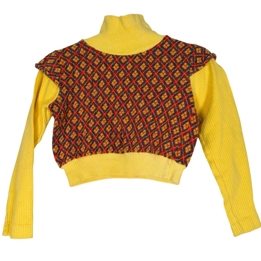 Kids Yellow Argyle Turtleneck‎ Sweater Long Sleeve Cropped Top Size 2 toddle